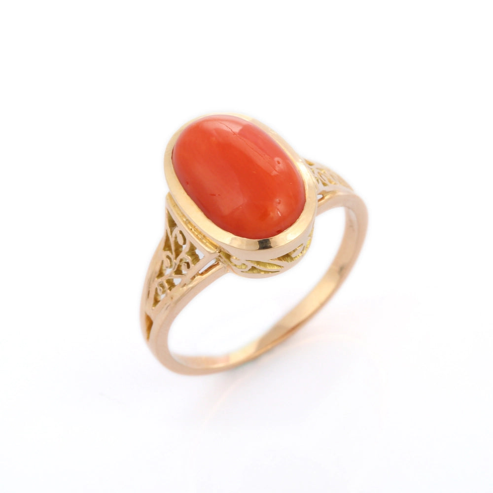 Fashion Jewelry 14K Pure Yellow Gold Coral Cocktail Ring