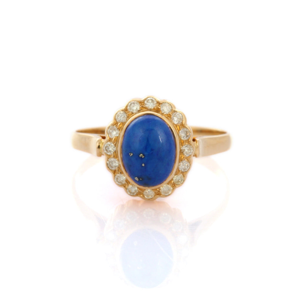 Classic Jewelry Natural Lapis Lazuli & Diamond 18K Solid Yellow Gold Flower Ring