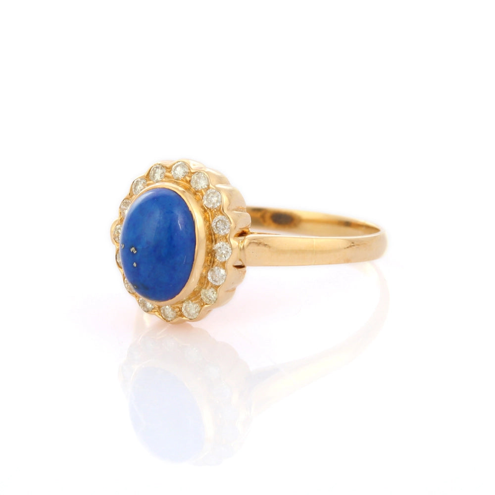 Classic Jewelry Natural Lapis Lazuli & Diamond 18K Solid Yellow Gold Flower Ring