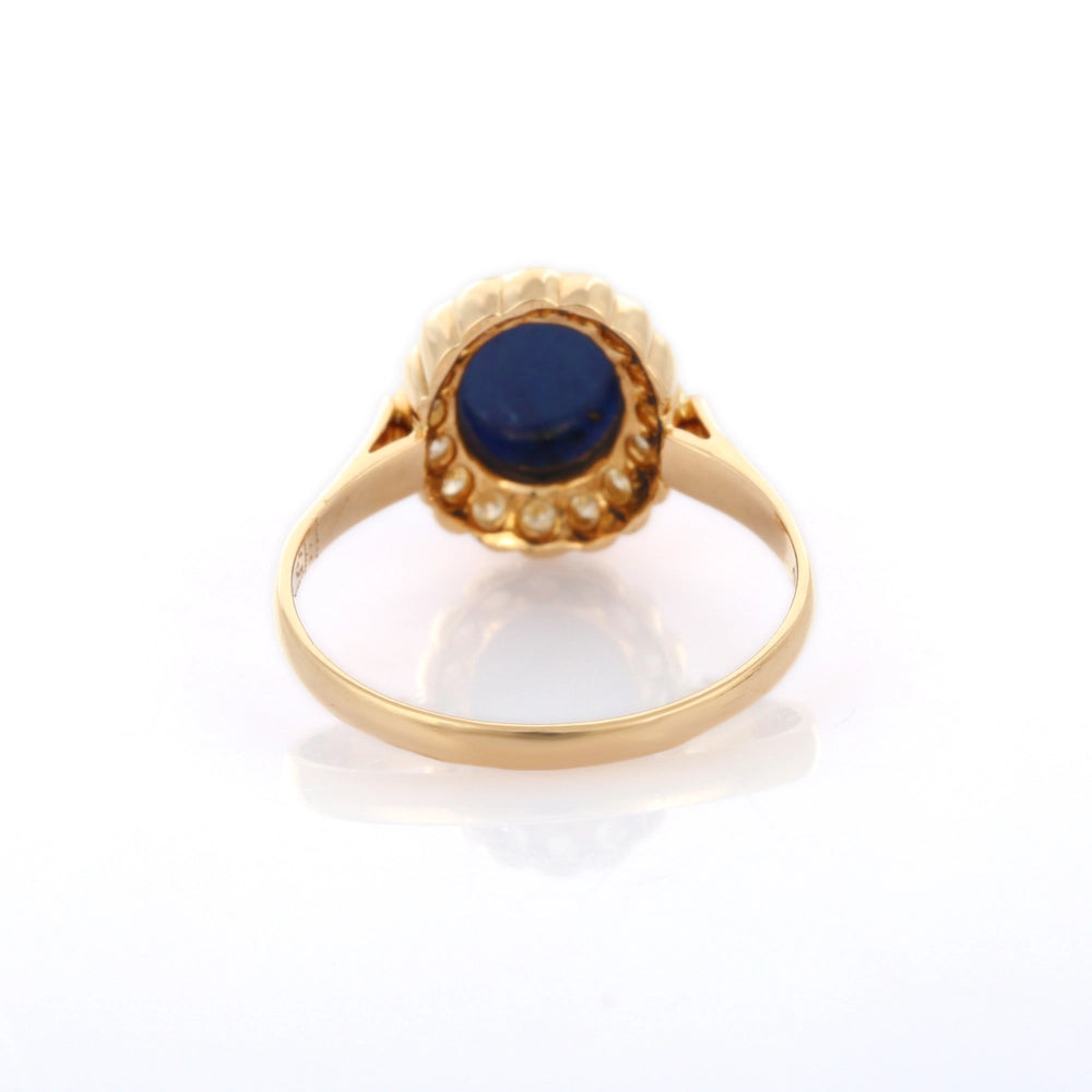 Classic Jewelry Natural Lapis Lazuli & Diamond 18K Solid Yellow Gold Flower Ring