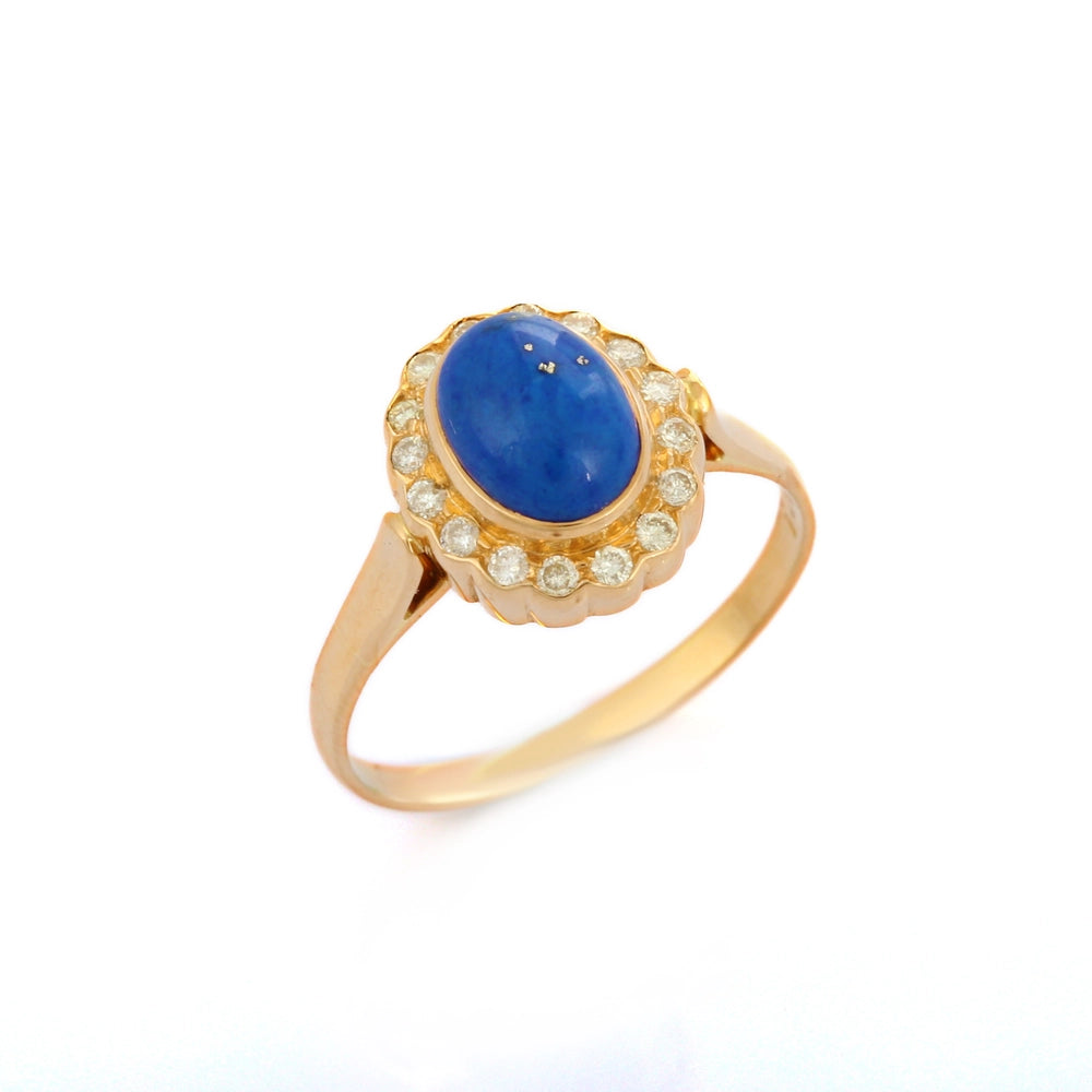 Classic Jewelry Natural Lapis Lazuli & Diamond 18K Solid Yellow Gold Flower Ring