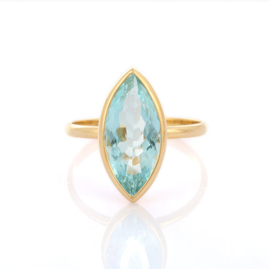 Genuine Marquise Shape Aquamarine 18K Solid Yellow Gold Cocktail Ring