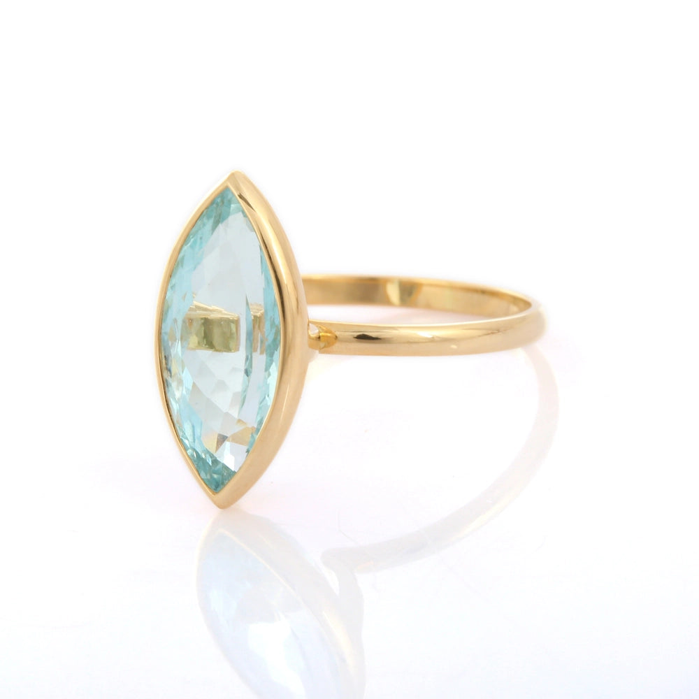 Genuine Marquise Shape Aquamarine 18K Solid Yellow Gold Cocktail Ring