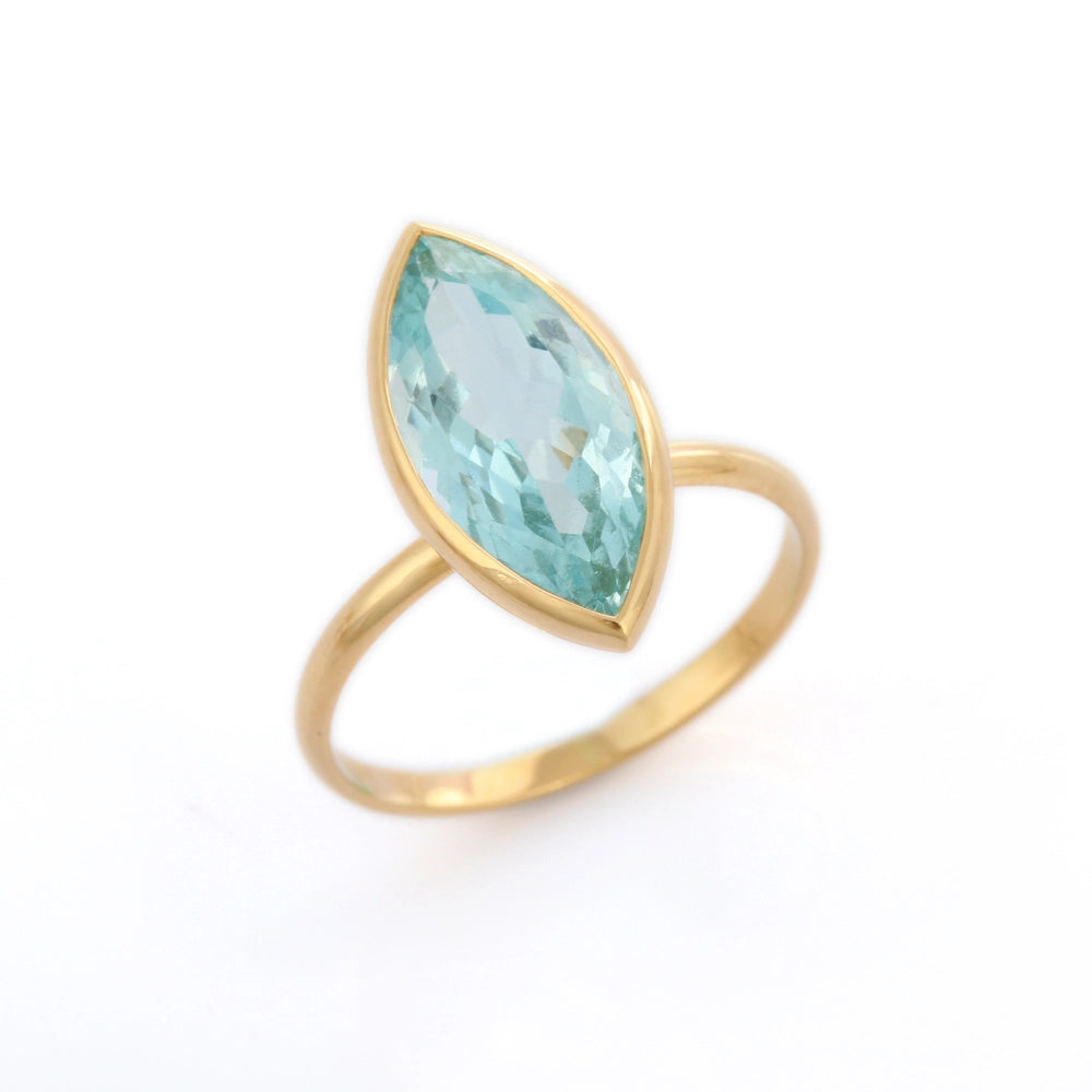 Genuine Marquise Shape Aquamarine 18K Solid Yellow Gold Cocktail Ring