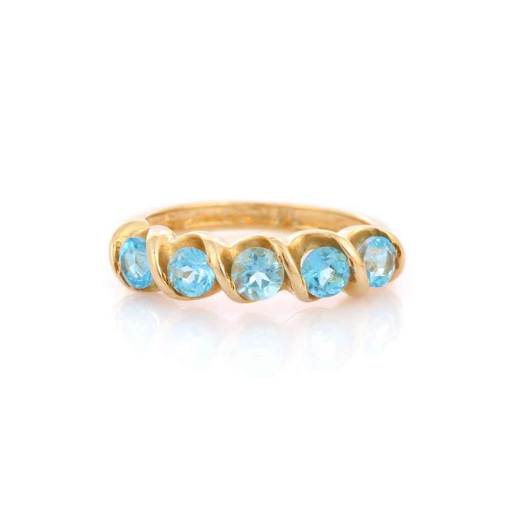 Fine Jewelry Semi Precious Natural Blue Topaz 14K Solid Yellow Gold Half Eternity Band Ring