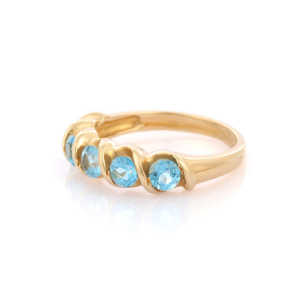 Fine Jewelry Semi Precious Natural Blue Topaz 14K Solid Yellow Gold Half Eternity Band Ring