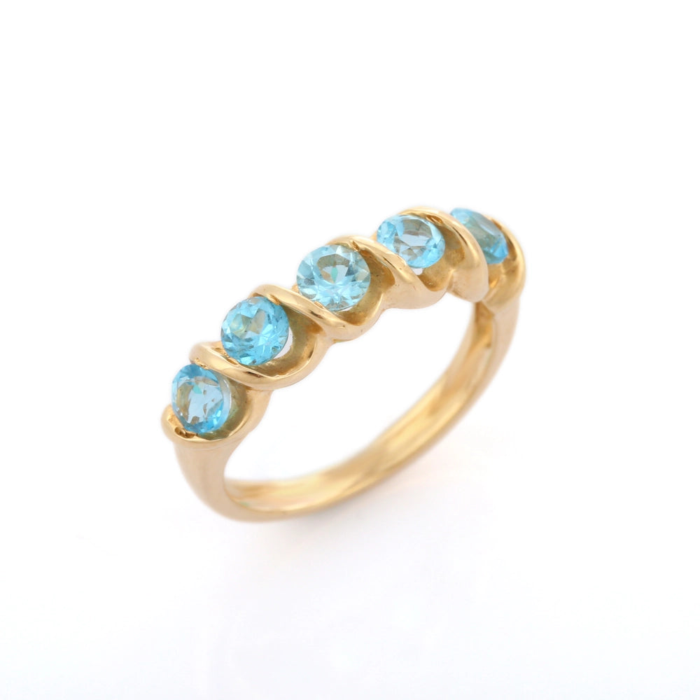 Fine Jewelry Semi Precious Natural Blue Topaz 14K Solid Yellow Gold Half Eternity Band Ring