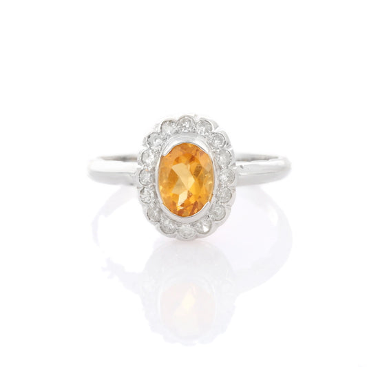 Genuine Citrine & Diamond 14K Solid White Gold November Birthstone Ring