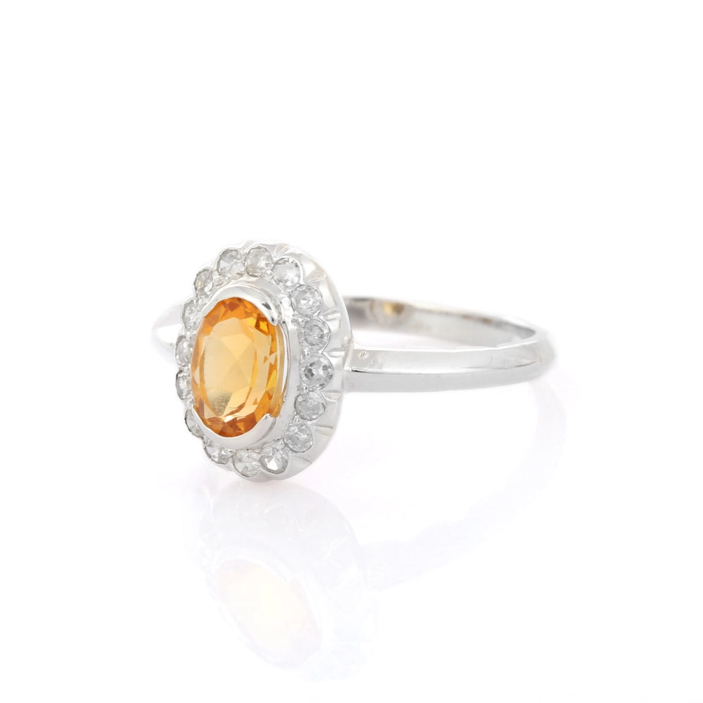 Genuine Citrine & Diamond 14K Solid White Gold November Birthstone Ring