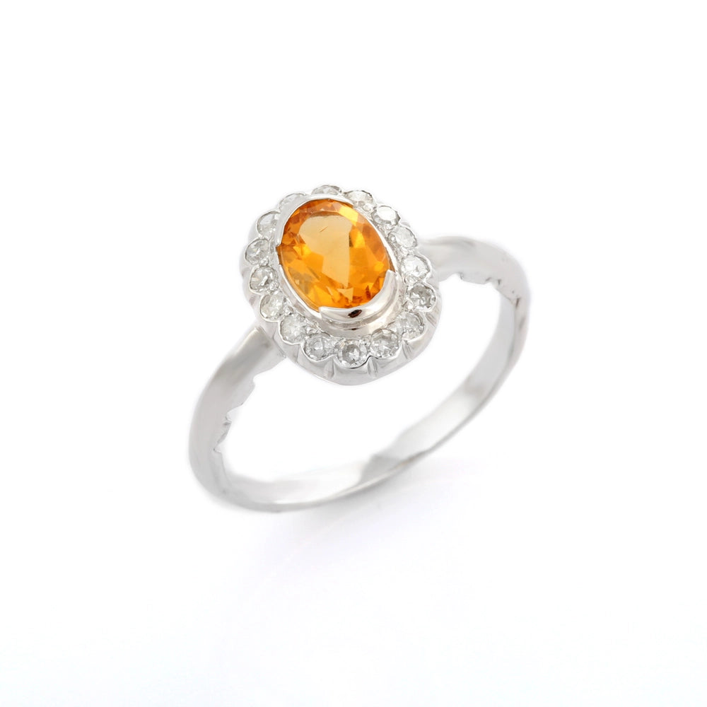 Genuine Citrine & Diamond 14K Solid White Gold November Birthstone Ring