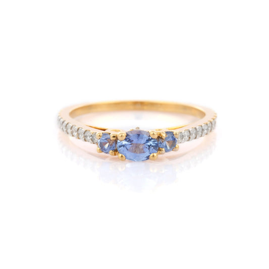 Luxury Jewelry Blue Sapphire & Diamond 14K Solid Yellow Gold Stackable Ring