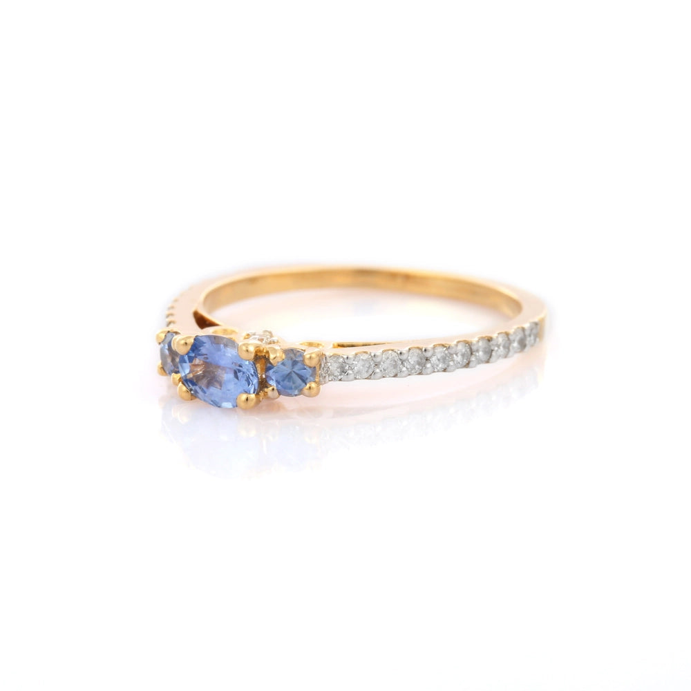 Luxury Jewelry Blue Sapphire & Diamond 14K Solid Yellow Gold Stackable Ring