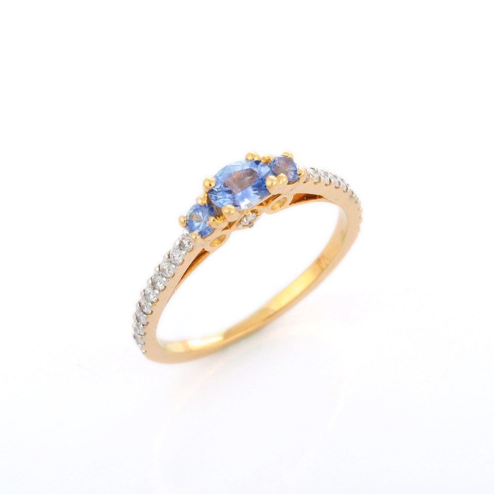 Luxury Jewelry Blue Sapphire & Diamond 14K Solid Yellow Gold Stackable Ring