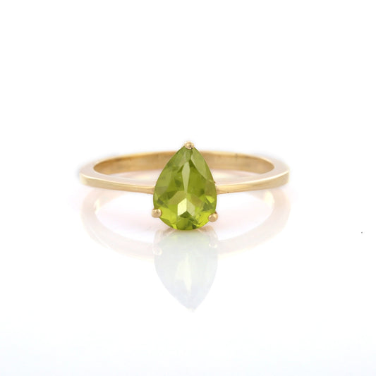 Handmade Fashion Jewelry Pear Shape Peridot 14K Solid Yellow Gold Minimalist Ring