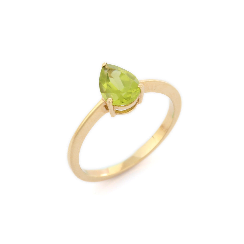 Handmade Fashion Jewelry Pear Shape Peridot 14K Solid Yellow Gold Minimalist Ring