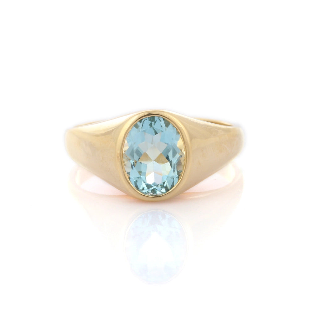 Handmade Authnetic Aquamarine 14K Solid Yellow Gold Single Stone Unisex Ring