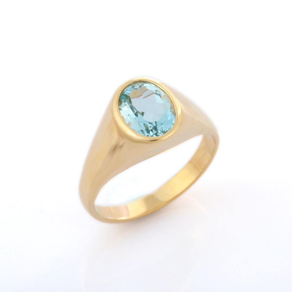 Handmade Authnetic Aquamarine 14K Solid Yellow Gold Single Stone Unisex Ring