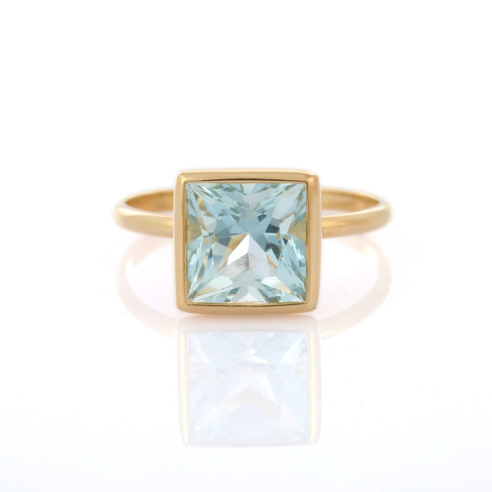 Customization Natural Square Aquamarine 18k Solid Yellow Gold Men And Women Ring