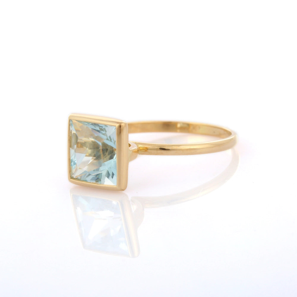 Customization Natural Square Aquamarine 18k Solid Yellow Gold Men And Women Ring