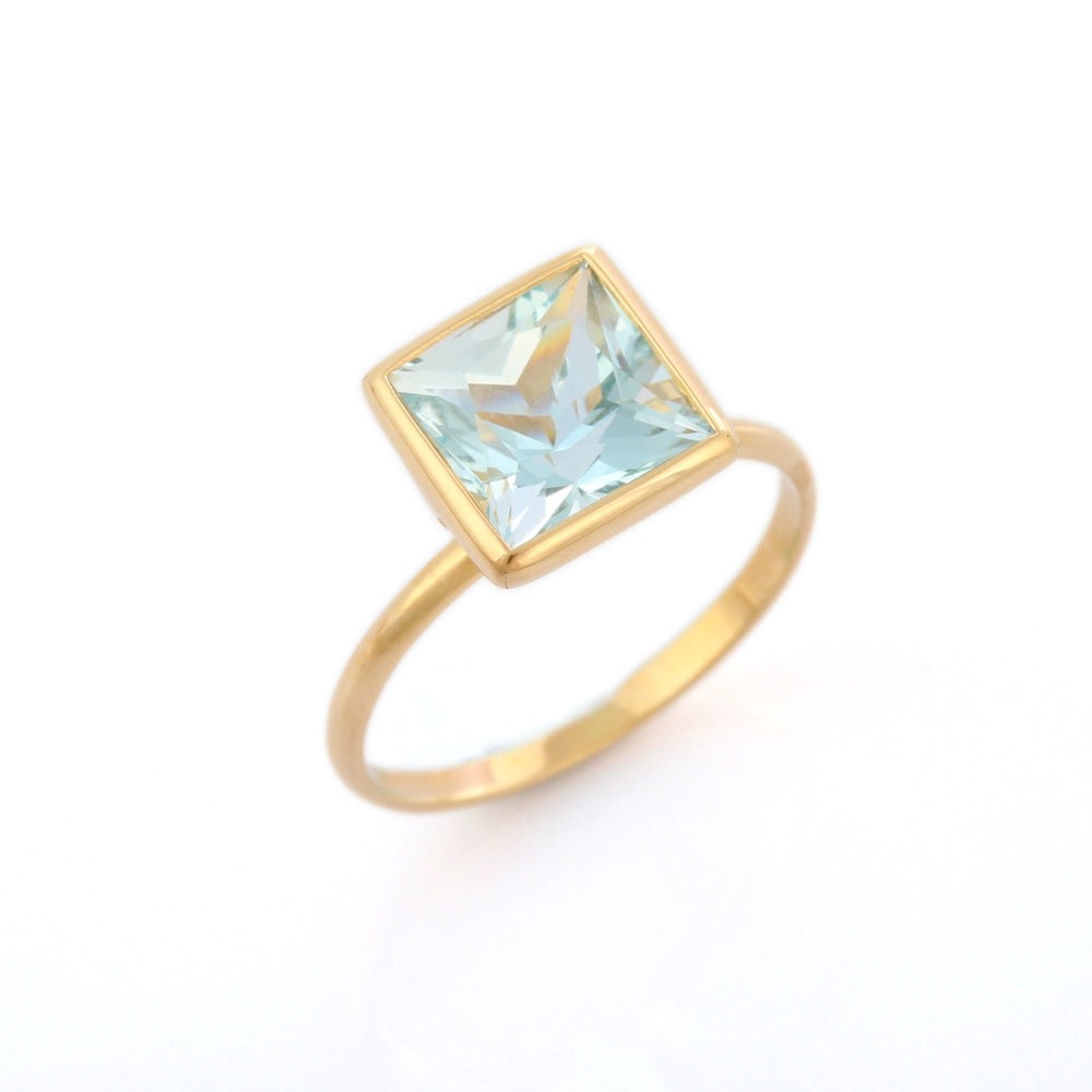 Customization Natural Square Aquamarine 18k Solid Yellow Gold Men And Women Ring