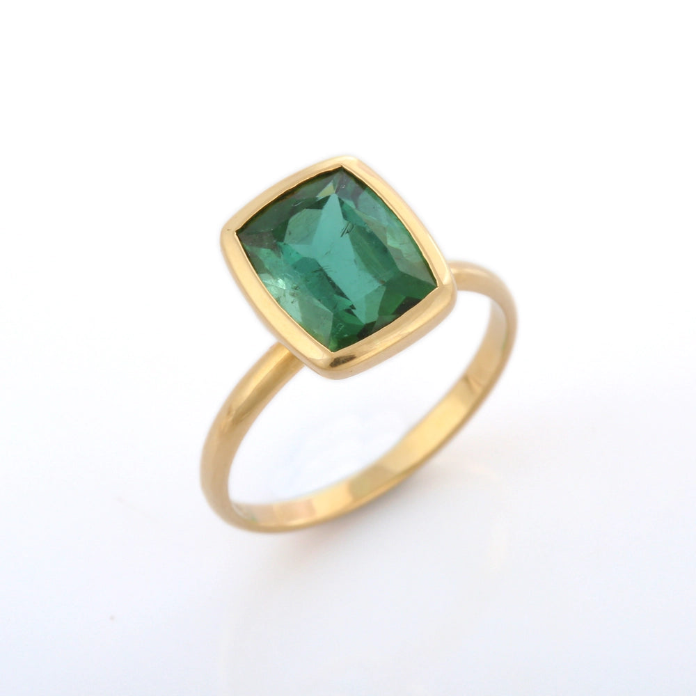 Handcrafted Jewelry Natural Tourmaline Cushion Shape 18K Solid Yellow Gold Single Stone Ring