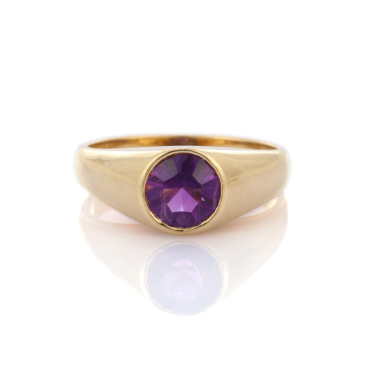 Trending Natural Birthstone Round Shape Amethyst 14K Solid Yellow Gold Cocktail Ring