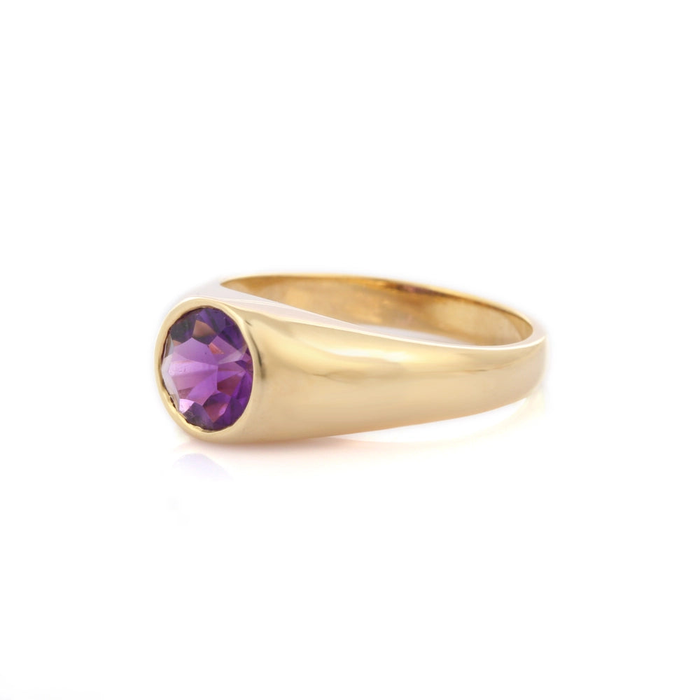 Trending Natural Birthstone Round Shape Amethyst 14K Solid Yellow Gold Cocktail Ring