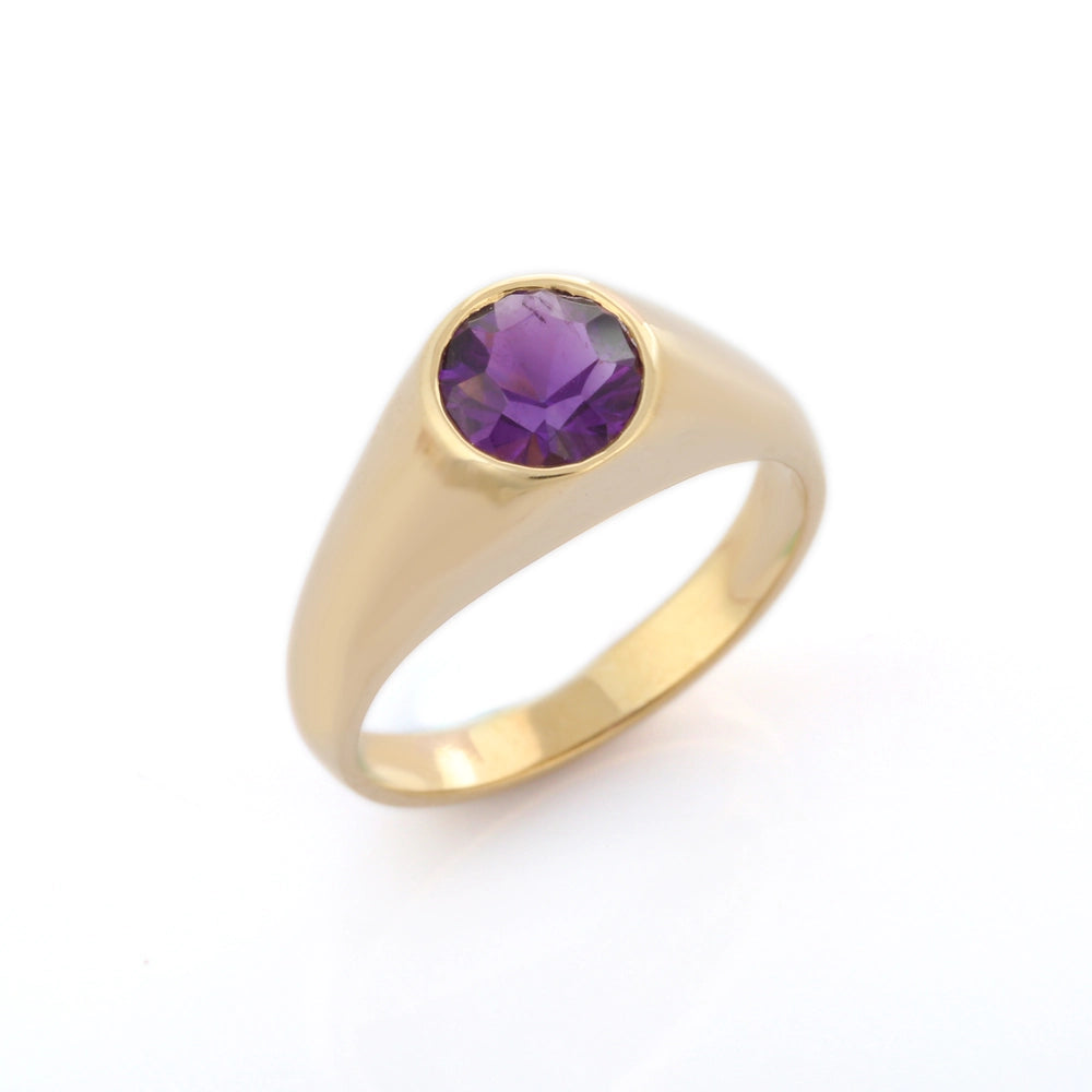 Trending Natural Birthstone Round Shape Amethyst 14K Solid Yellow Gold Cocktail Ring