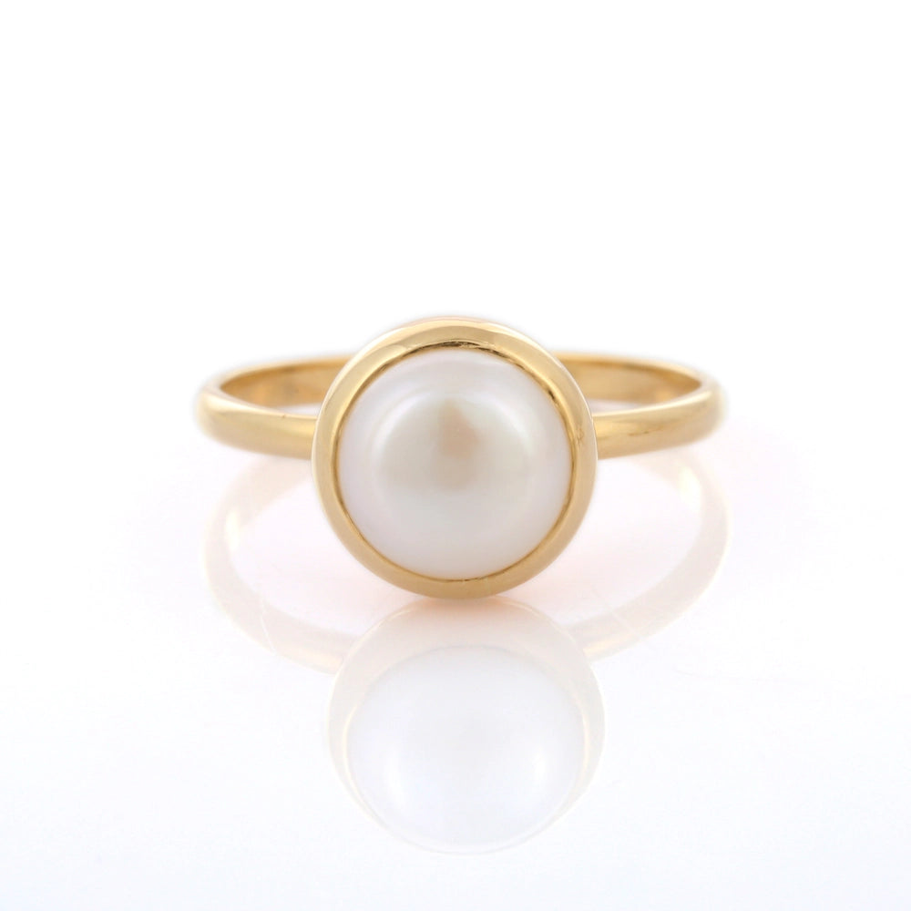 Customization Natural Round Pearl 18K Solid Yellow Gold Single Stone Ring