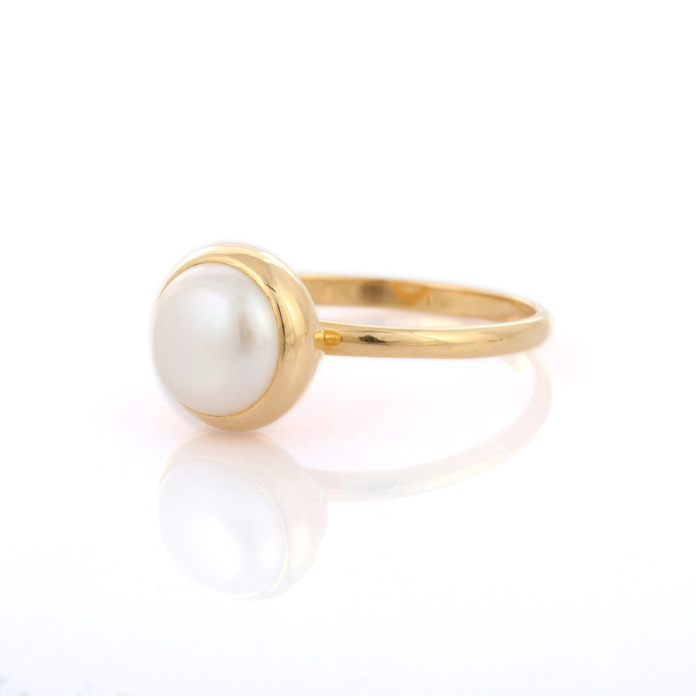 Customization Natural Round Pearl 18K Solid Yellow Gold Single Stone Ring