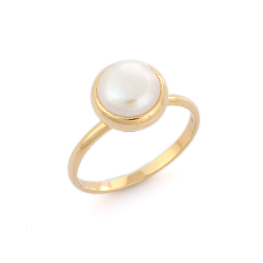 Customization Natural Round Pearl 18K Solid Yellow Gold Single Stone Ring