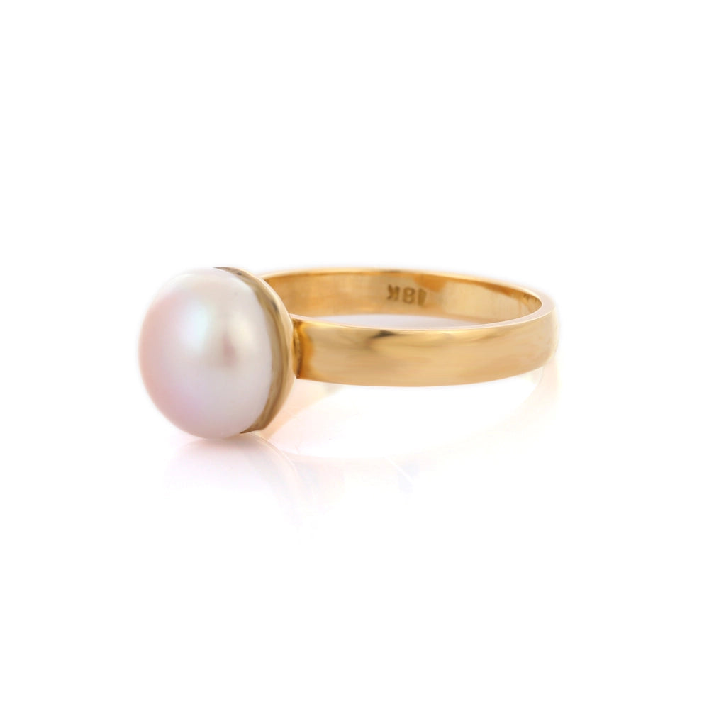 Best Selling Product Natural Round Pearl 18K Solid Yellow Gold Single Stone Ring