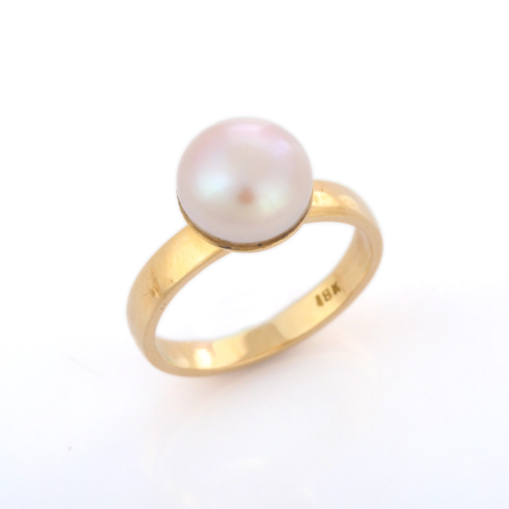 Best Selling Product Natural Round Pearl 18K Solid Yellow Gold Single Stone Ring