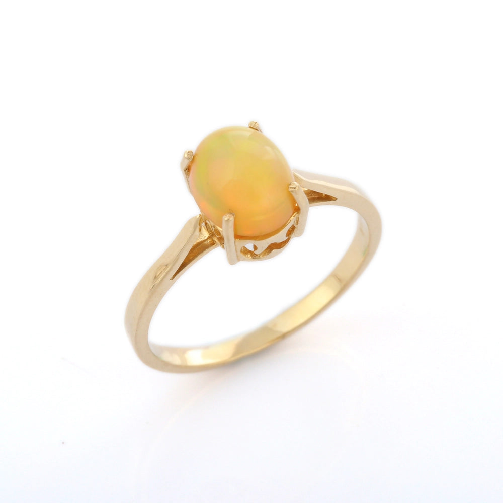 Trending Handmade Jewelry Natural Opal Prong Setting 14k Fine Yellow Gold Single Stone Ring