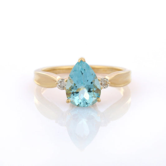 Fashionable Pear Shape Genuine Aquamarine And Diamonds 14K Solid Yellow Gold Minimalist Ring