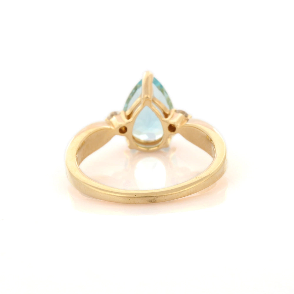 Fashionable Pear Shape Genuine Aquamarine And Diamonds 14K Solid Yellow Gold Minimalist Ring