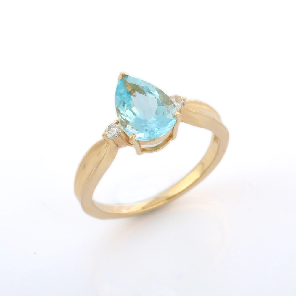 Fashionable Pear Shape Genuine Aquamarine And Diamonds 14K Solid Yellow Gold Minimalist Ring