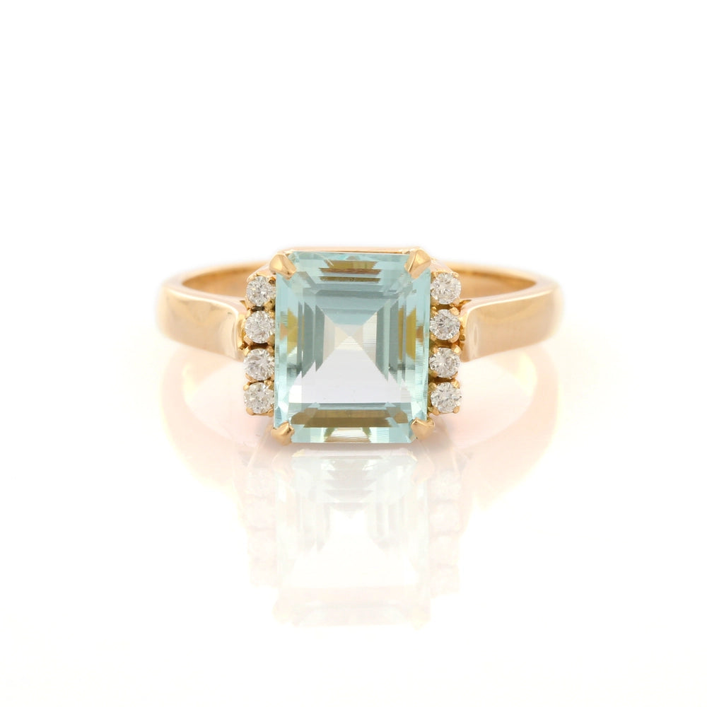 Trending Semi Precious Natural Aquamarine And Diamond 18K Solid Yellow Gold Cocktail Ring