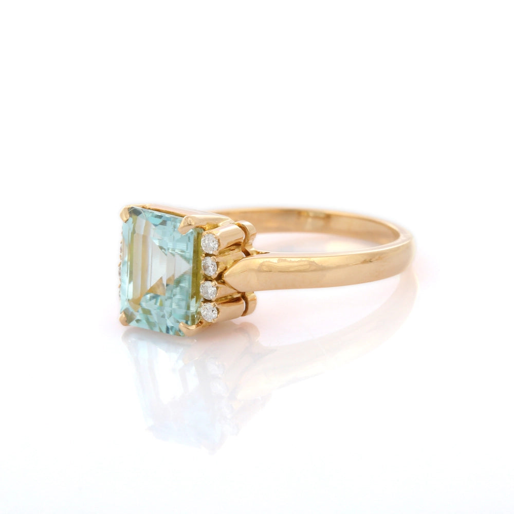 Trending Semi Precious Natural Aquamarine And Diamond 18K Solid Yellow Gold Cocktail Ring