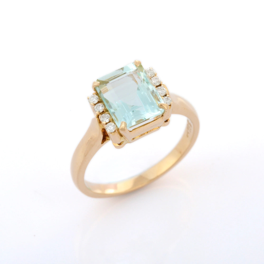 Trending Semi Precious Natural Aquamarine And Diamond 18K Solid Yellow Gold Cocktail Ring