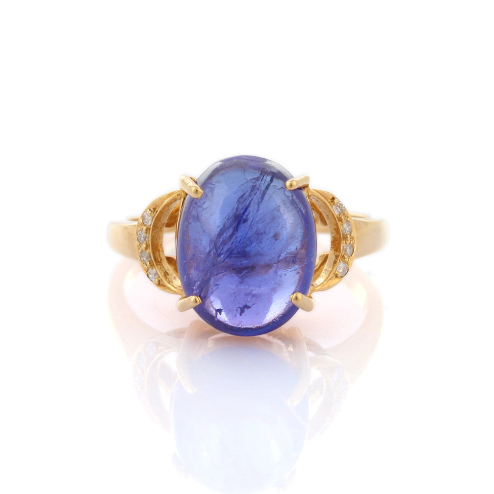 Handmade Jewelry Oval Shape Natural Tanzanite & Diamond 18K Yellow Gold Unisex Ring