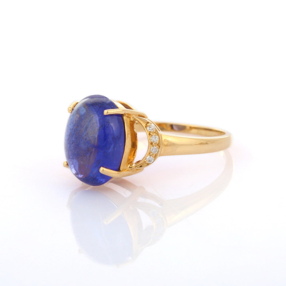 Handmade Jewelry Oval Shape Natural Tanzanite & Diamond 18K Yellow Gold Unisex Ring