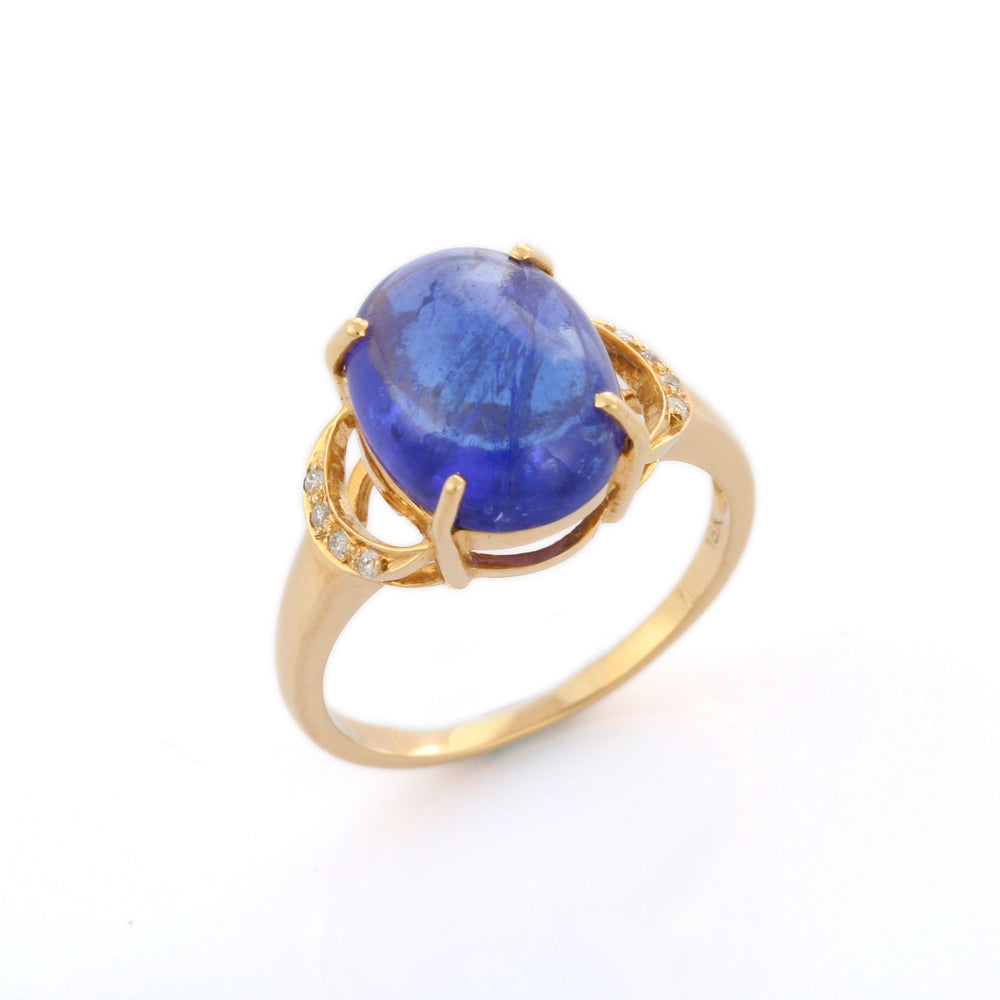 Handmade Jewelry Oval Shape Natural Tanzanite & Diamond 18K Yellow Gold Unisex Ring