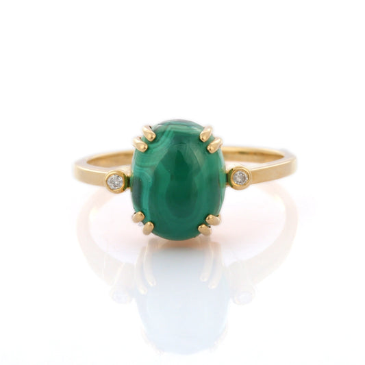 Fashionable Genuine Malachite & Tiny Diamond 18K Fine Yellow Gold Unisex Ring