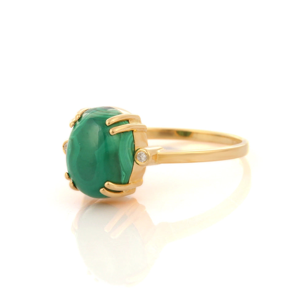 Fashionable Genuine Malachite & Tiny Diamond 18K Fine Yellow Gold Unisex Ring