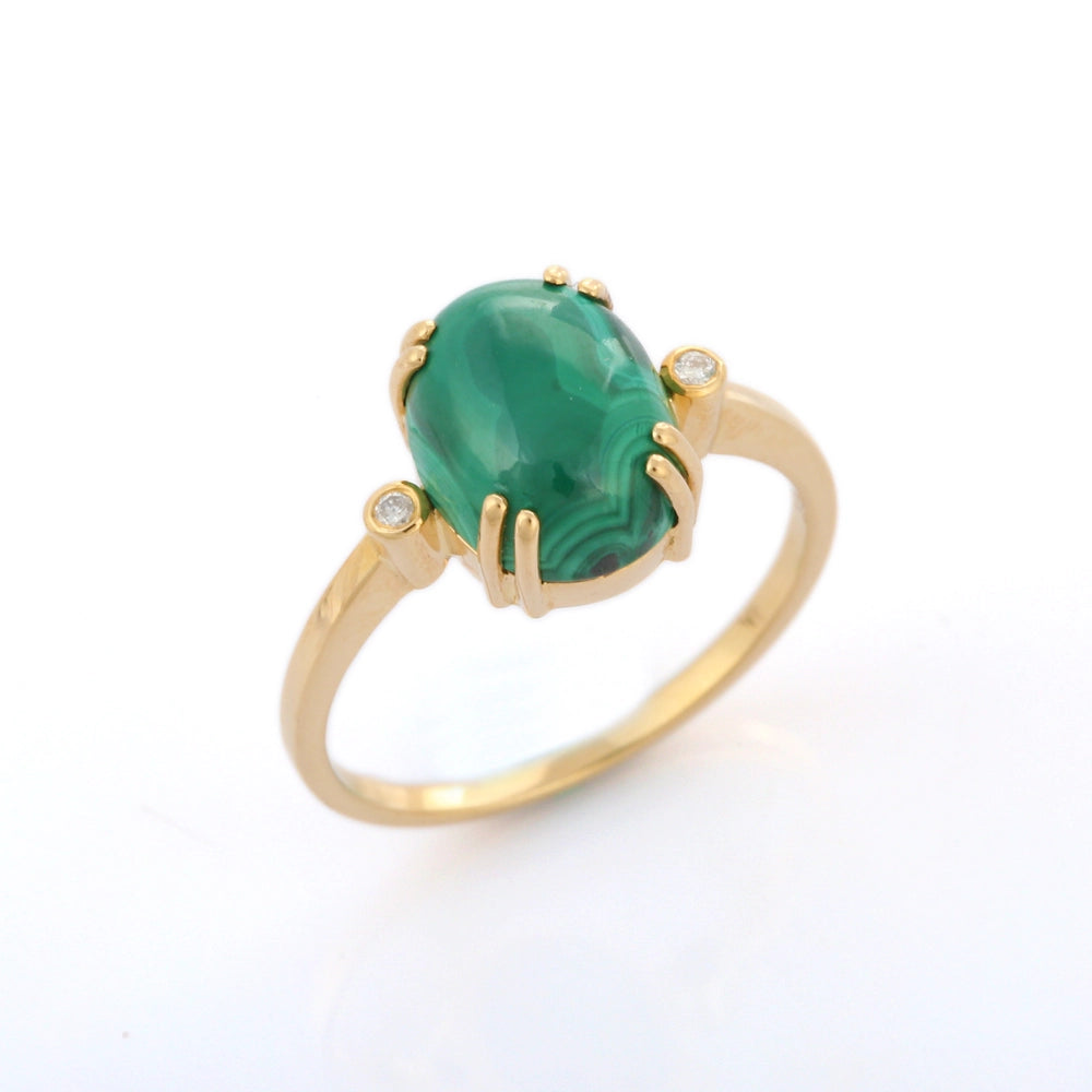 Fashionable Genuine Malachite & Tiny Diamond 18K Fine Yellow Gold Unisex Ring