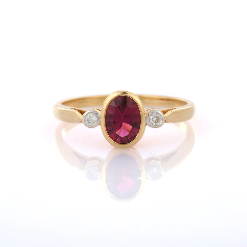 Handmade Fashion Jewelry Natural Tourmaline And Diamonds 18K Solid Yellow Gold Minimal Ring