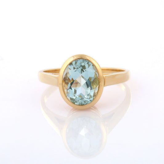 Hancrafted Natural Aquamarine Oval Cut 18K Solid Yellow Gold Unisex Ring