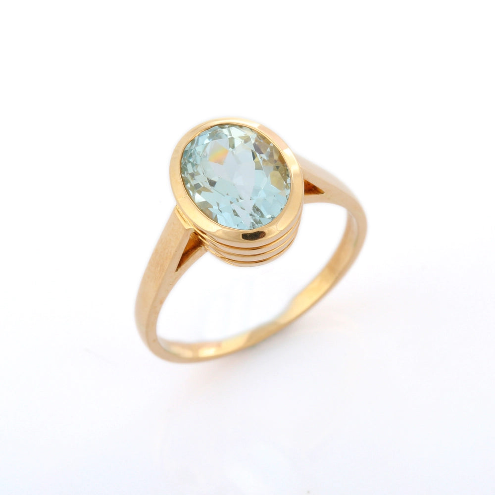 Hancrafted Natural Aquamarine Oval Cut 18K Solid Yellow Gold Unisex Ring