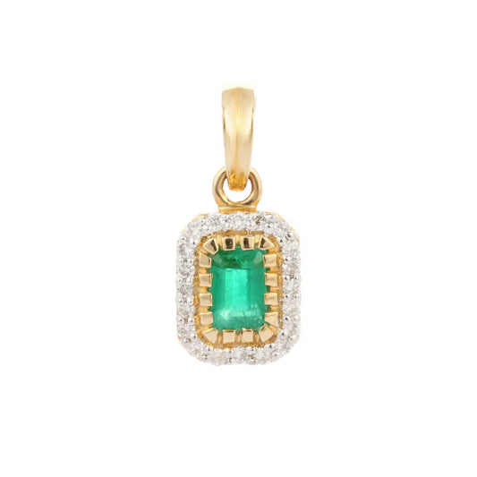 Fine Jewelry Natural Emerald And Diamond 14K Solid Yellow Gold Solitaire Pendant